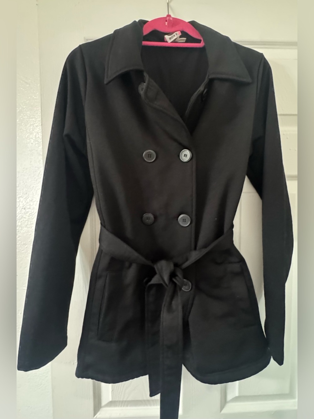 Roxy Black Double-Breasted Trench Coat with Waist Tie